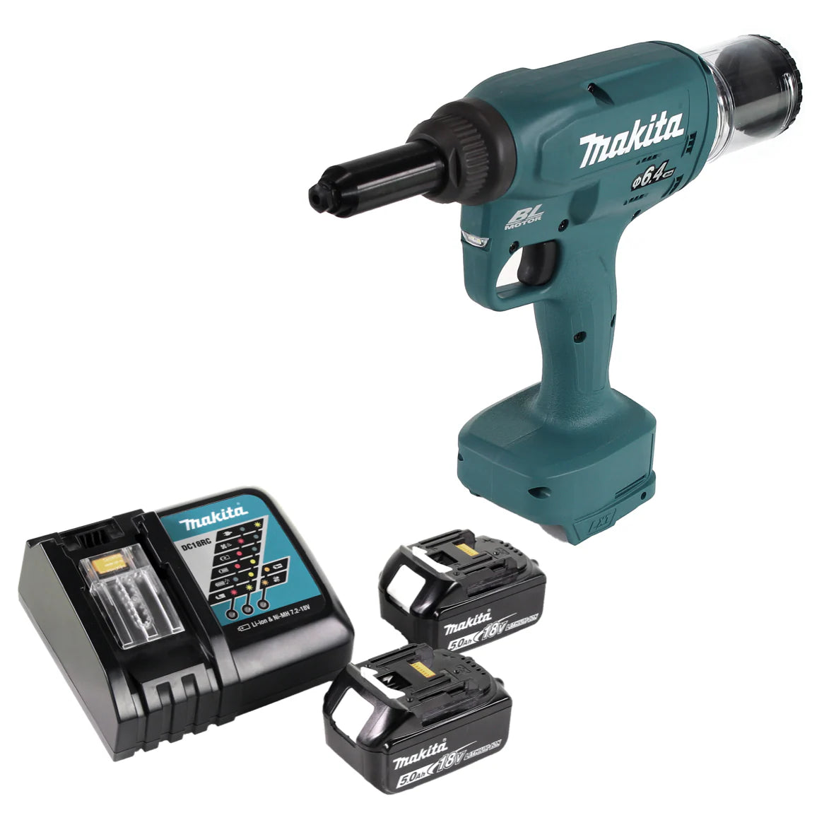 Makita DRV 250 RT Riveteuse aveugle sans fil 18V 20kN brushless + 2x Batterie 5.0Ah + Chargeur(défaut)
