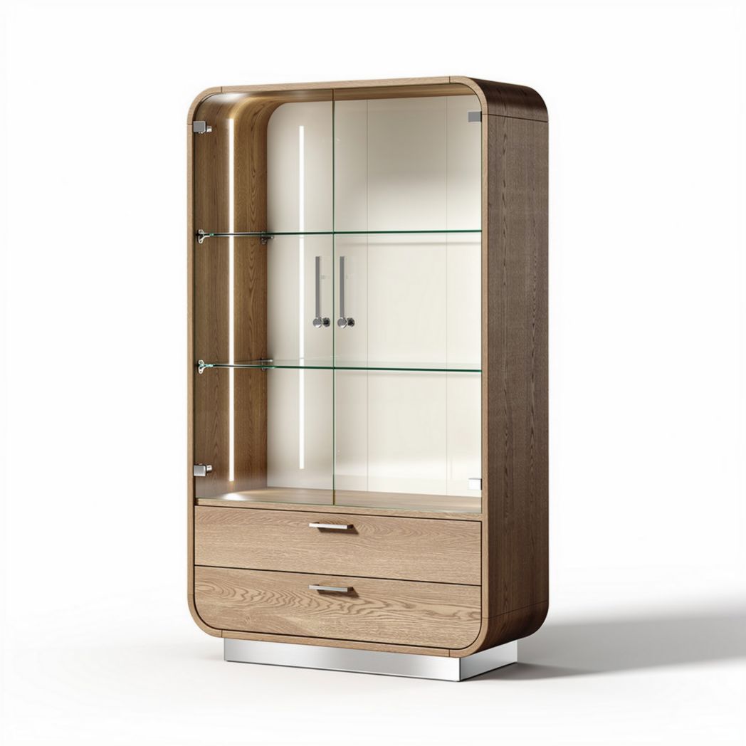 Vitrine en bois naturel avec étagères en verre et deux tiroirs 80 x 40 x 190cm