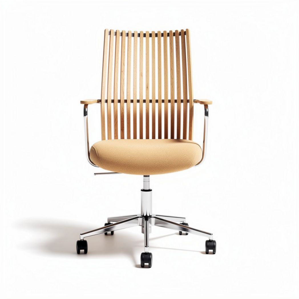 Chaise de bureau en bois avec dossier à lattes et rembourrage beige 45 x 55 x 95cm