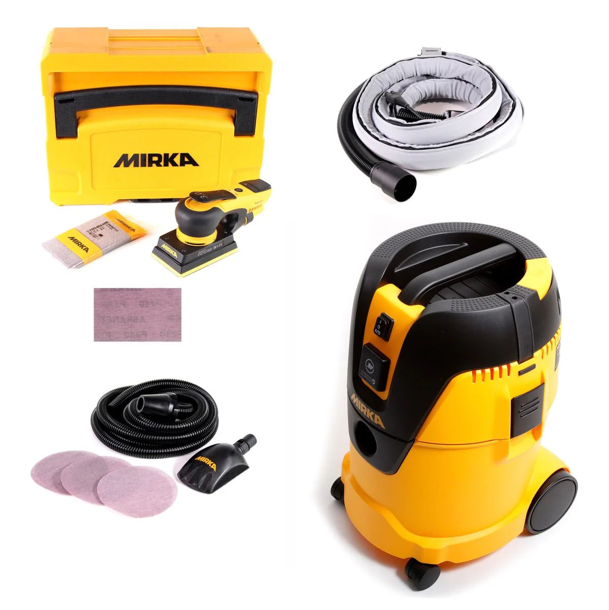 Mirka DEOS System PRO (KIT1720WOMDE) Ponceuse orbitale DEOS 353 CV + aspirateur industriel 1025 L PC + tuyau d'aspiration 4m + kit de démarrage Roundy + 250x bandes de ponçage(défaut)