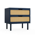 Commode deux tiroirs en bois et rotin bleu 55x40x70 cm(Bleu Marine/Rotin Naturel)