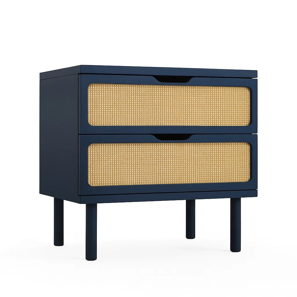 Commode deux tiroirs en bois et rotin bleu 55x40x70 cm(Bleu Marine/Rotin Naturel)