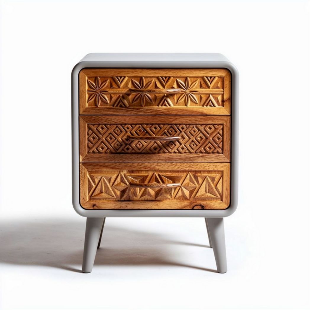Table de chevet en bois sculpté avec trois tiroirs 40 x 40 x 50cm