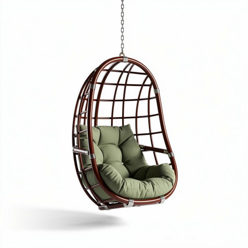 Chaise suspendue en rotin marron avec coussins verts 100 x 80 x 120cm