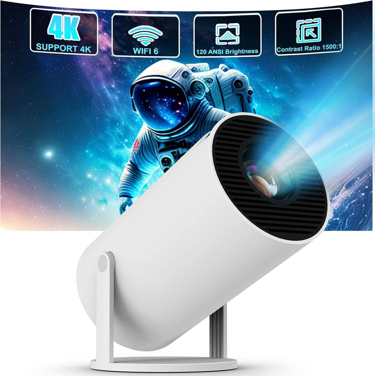 Anyway.go Mini-Projektor, 4 K, Tragbar, 120 ANSI, Android 11, WiFi 5G, BT 5.0, Videoprojektor, Automatische Trapezkorrektur, 180 Grad, Geeignet für(Blanc/Noir)