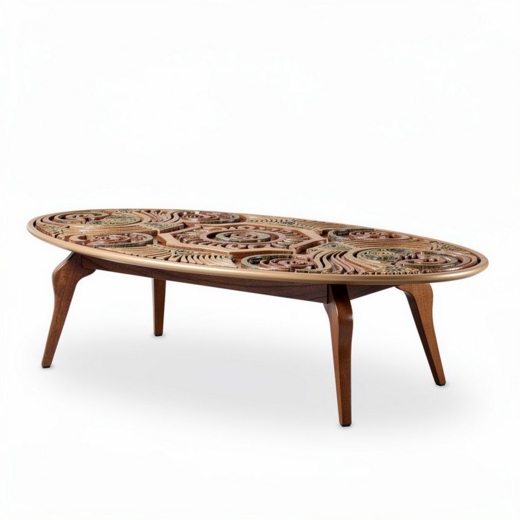 Table basse en bois sculpté oval de dimensions 150 x 75 x 45cm pour salon