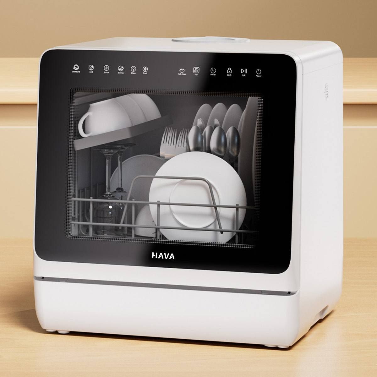 HAVA R09 Lave-vaisselle Compact de Comptoir / Adoucisseur d'eau intégré / 2-5 converts / 7 Programmes(Blanc/Noir)
