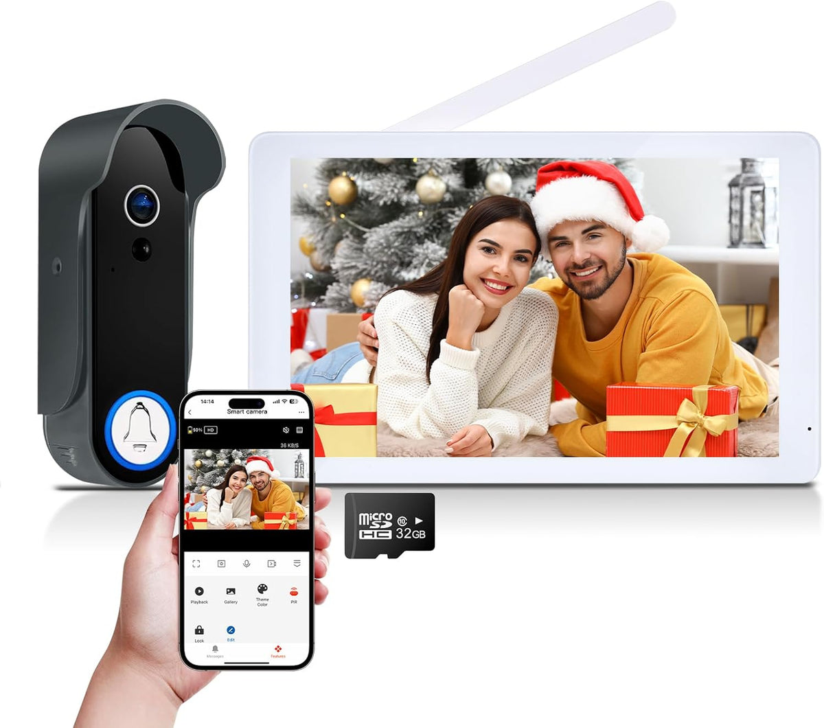 WiFi 1080P Visiophone sans Fil, Interphone Vidéo sans Fil avec Écran Tactile 8'', Sonnette avec Caméra, Vision Nocturne, Détection de Mouvement, Contrôle de l'application(Blanc)