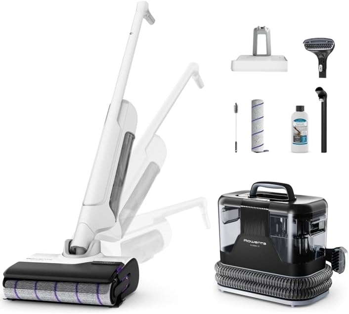 Rowenta X-Clean 10 et Clean it, Aspirateur Laveur sans Fil et Shampouineuse, Parfait pour Tâches Tenaces et Poils, Sols Durs, Moquettes et Tapis GZ7540WO + IN5010F0(Blanc/Noir)