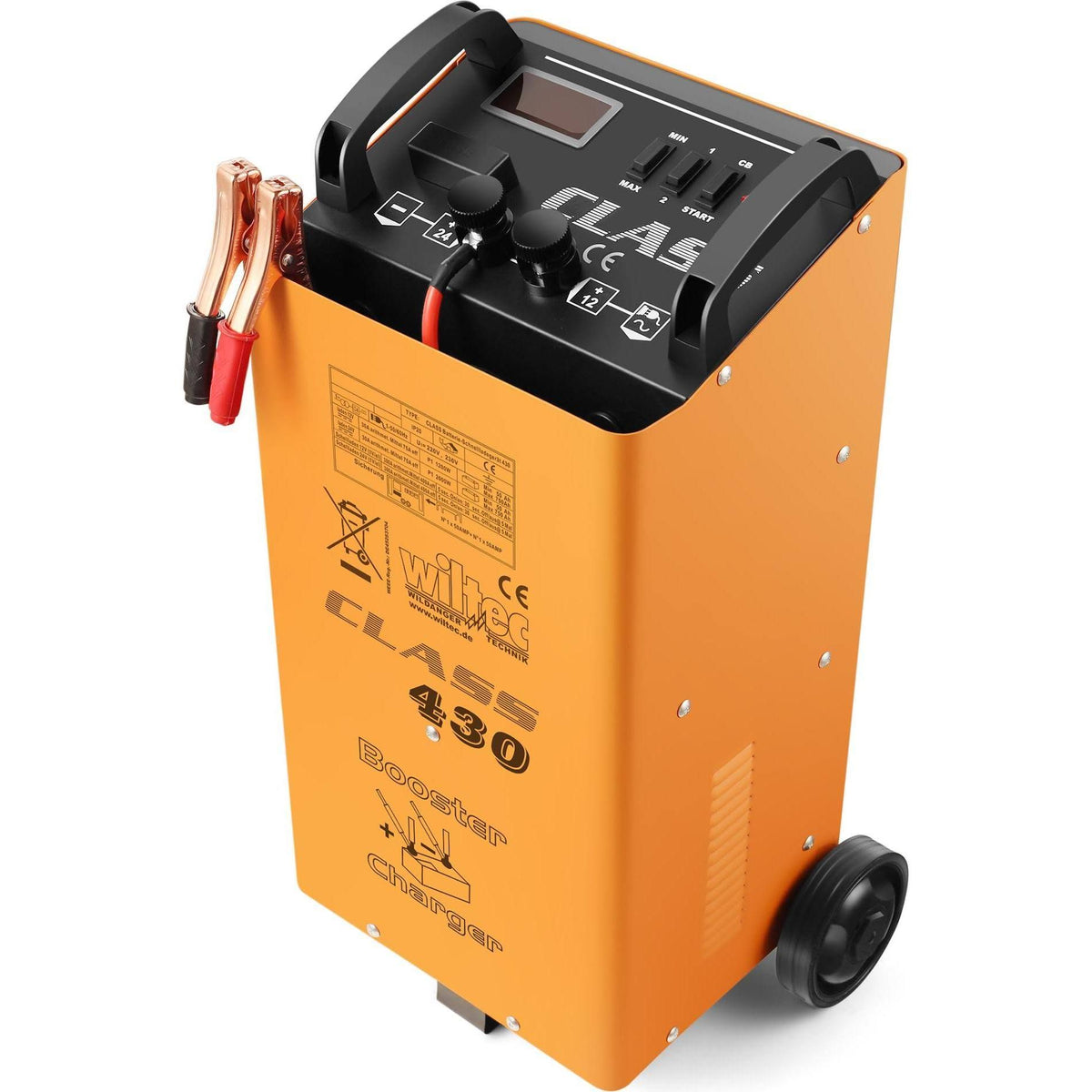 WilTec Chargeur de batterie Boost 430 – 12 V et 24 V – Chargement de Moto Voiture Auto Véhicule Chantier – Chargement rapide(Orange/Noir)