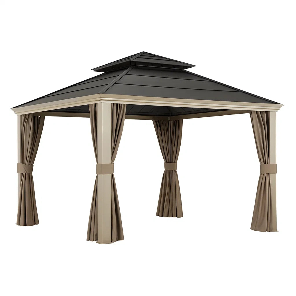 Tonnelle d'extérieur en aluminium avec rideaux marron et noir(Marron/Noir)