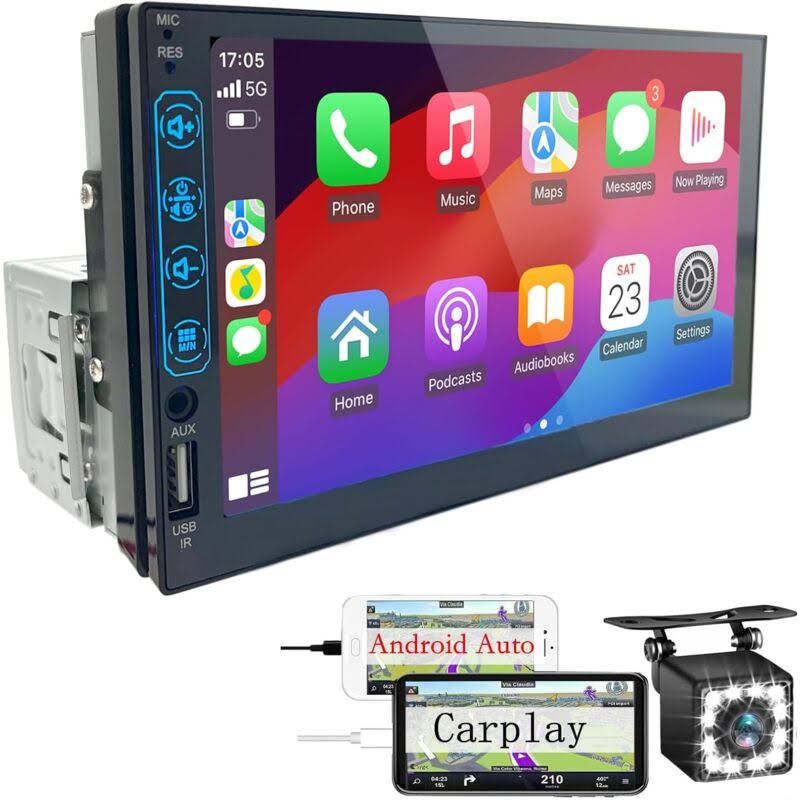 Autoradio Bluetooth 1 DIN avec Carplay et Android Auto - 7 Pouces HD Ecran Tactile Poste Radio Voiture Soutien Lien Miroir iOS/Android/Radio(Noir)